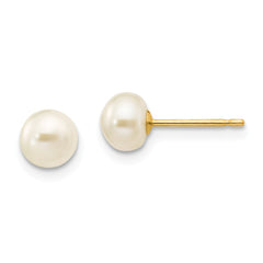 14K 5-6mm White Button Freshwater Cultured Pearl Stud Post Earrings