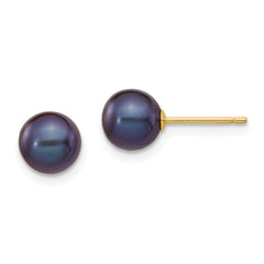 14K 6-7mm Black Round Freshwater Cultured Pearl Stud Post Earrings