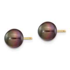 14K 7-8mm Black Button FW Cultured Pearl Stud Post Earrings