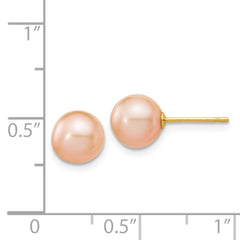 14k 7-8mm Pink Round Freshwater Cultured Pearl Stud Post Earrings