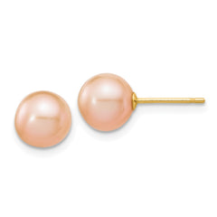 14K 7-8mm Pink Round Freshwater Cultured Pearl Stud Post Earrings