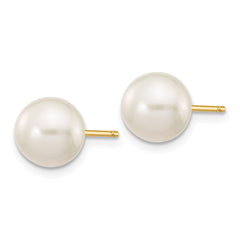 14K 7-8mm White Round Freshwater Cultured Pearl Stud Post Earrings