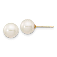 14K 7-8mm White Round Freshwater Cultured Pearl Stud Post Earrings