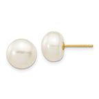 14K 8-9mm White Button Freshwater Cultured Pearl Stud Post Earrings