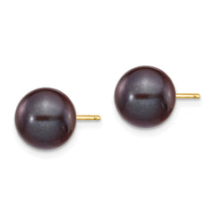 14K 8-9mm Black Round Freshwater Cultured Pearl Stud Post Earrings