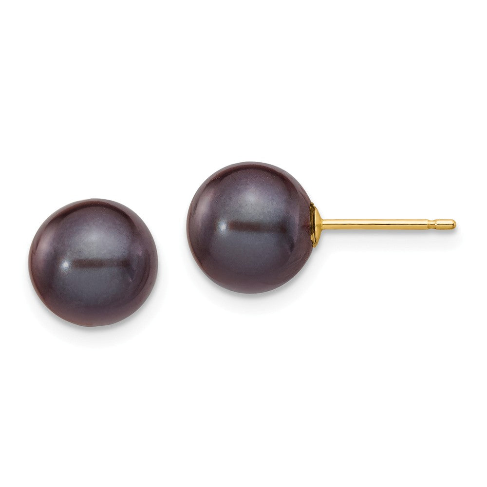 14K 8-9mm Black Round Freshwater Cultured Pearl Stud Post Earrings