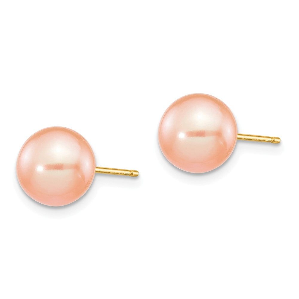 14K 8-9mm Pink Round Freshwater Cultured Pearl Stud Post Earrings Secondary image