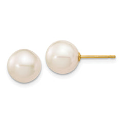 14K 8-9mm White Round Freshwater Cultured Pearl Stud Post Earrings