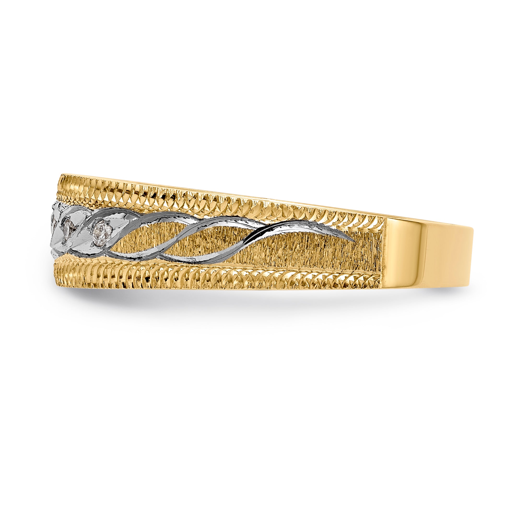 14k and Rhodium AA Quality 1/20 carat Diamond Trio Mens Complete Wedding Band
