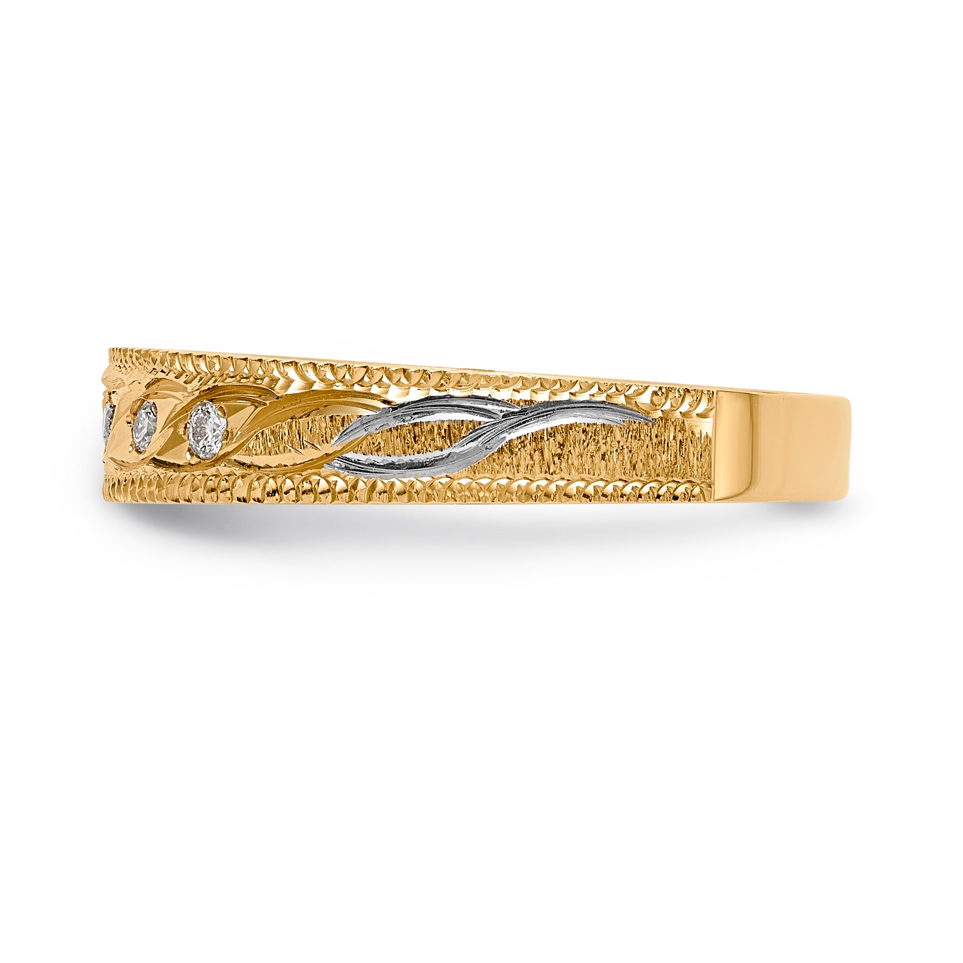 14k and Rhodium AA Quality 1/20 carat Diamond Trio Ladies Complete Wedding Band