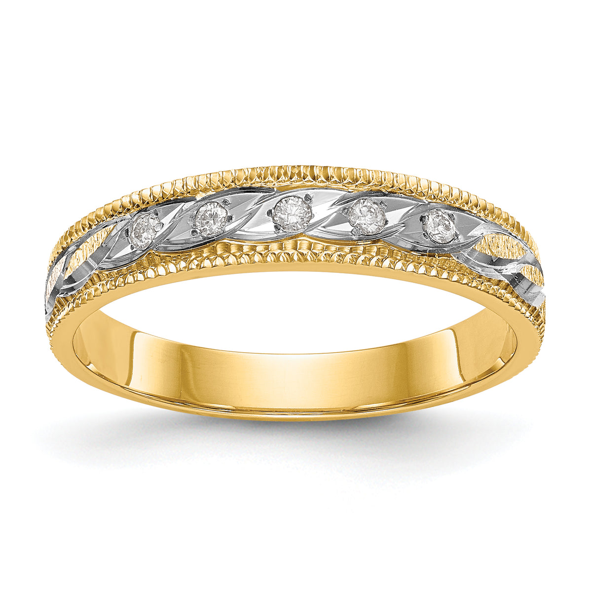 14k and Rhodium AA Quality 1/20 carat Diamond Trio Ladies Complete Wedding Band