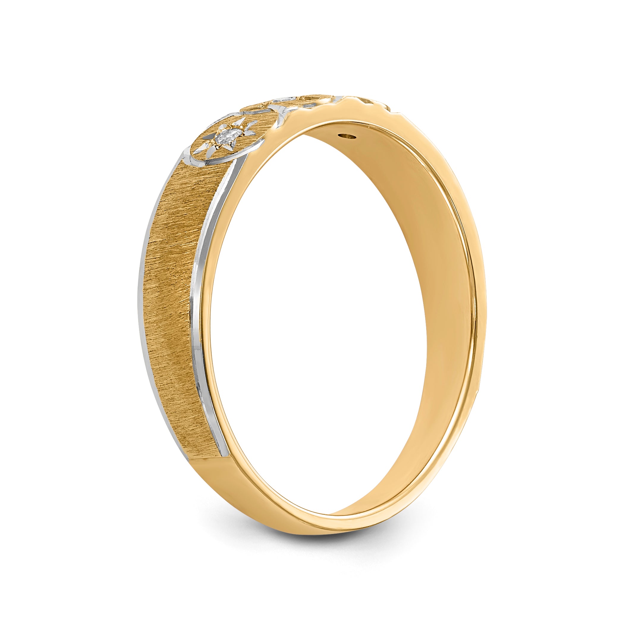 14k and Rhodium AA Quality .03 carat Diamond Trio Ladies Complete Wedding Band with Cross