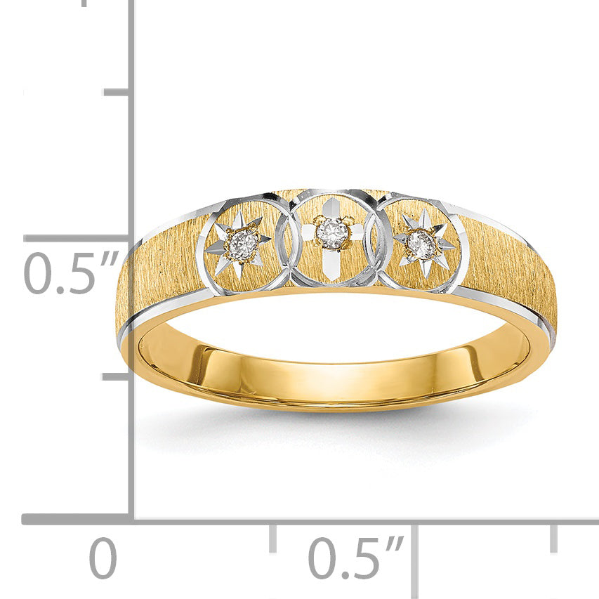 14k and Rhodium AA Quality .03 carat Diamond Trio Ladies Complete Wedding Band with Cross