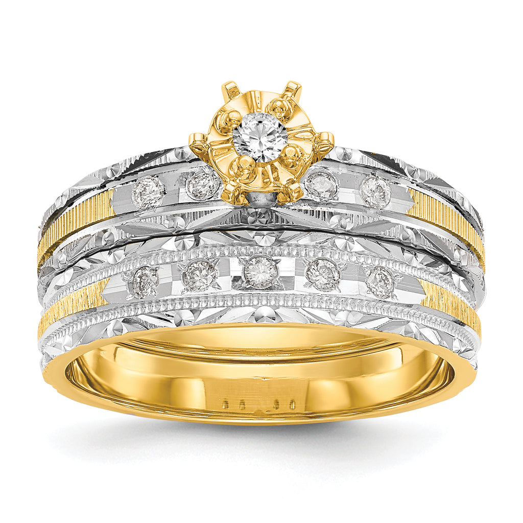 14k and Rhodium AA Quality 1/10 carat Diamond Trio Complete Engagement Ring