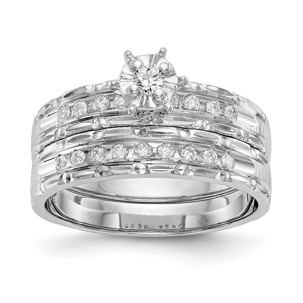 14k White Gold AA Quality 1/8 carat Diamond Trio Complete Engagement Ring
