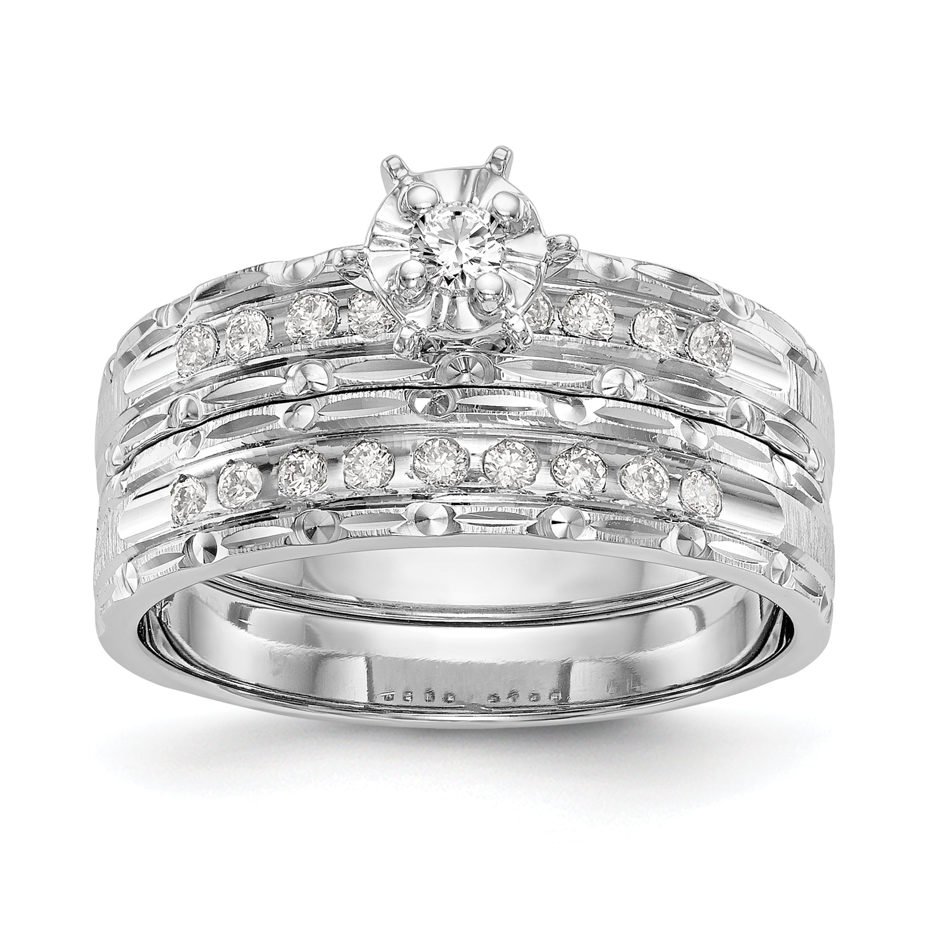 14k White Gold AA Quality 1/8 carat Diamond Trio Complete Engagement Ring