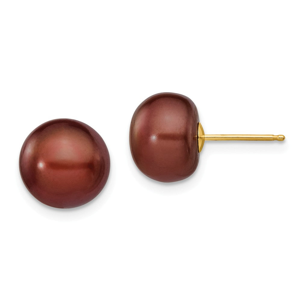 14K 9-10mm Coffee Button Freshwater Cultured Pearl Stud Post Earrings Main image