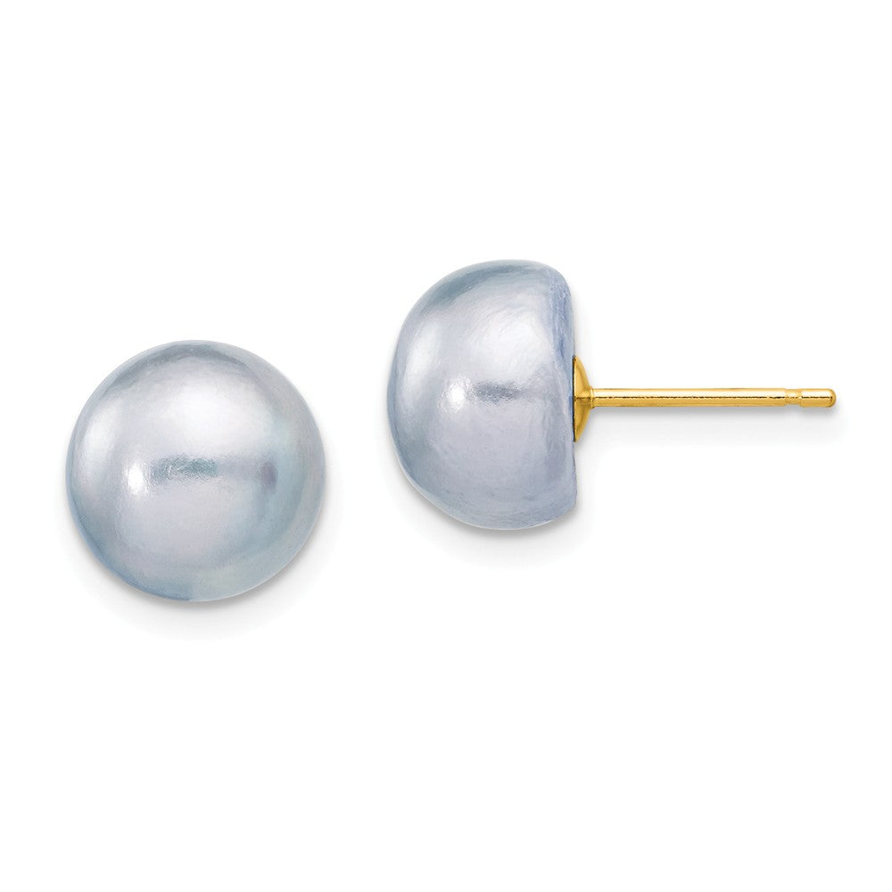 14K 9-10mm Grey Button FW Cultured Pearl Stud Post Earrings