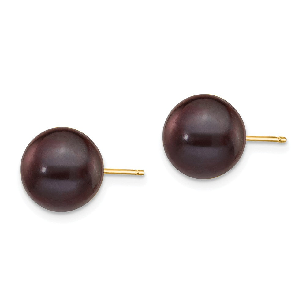 14K 9-10mm Black Round Freshwater Cultured Pearl Stud Post Earrings