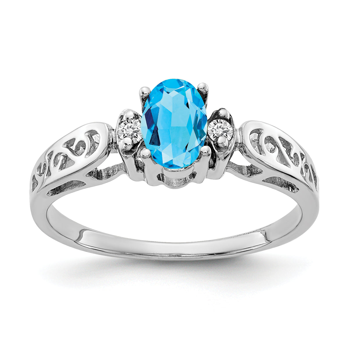 14K White Gold 6x4mm Oval Blue Topaz AA Diamond ring