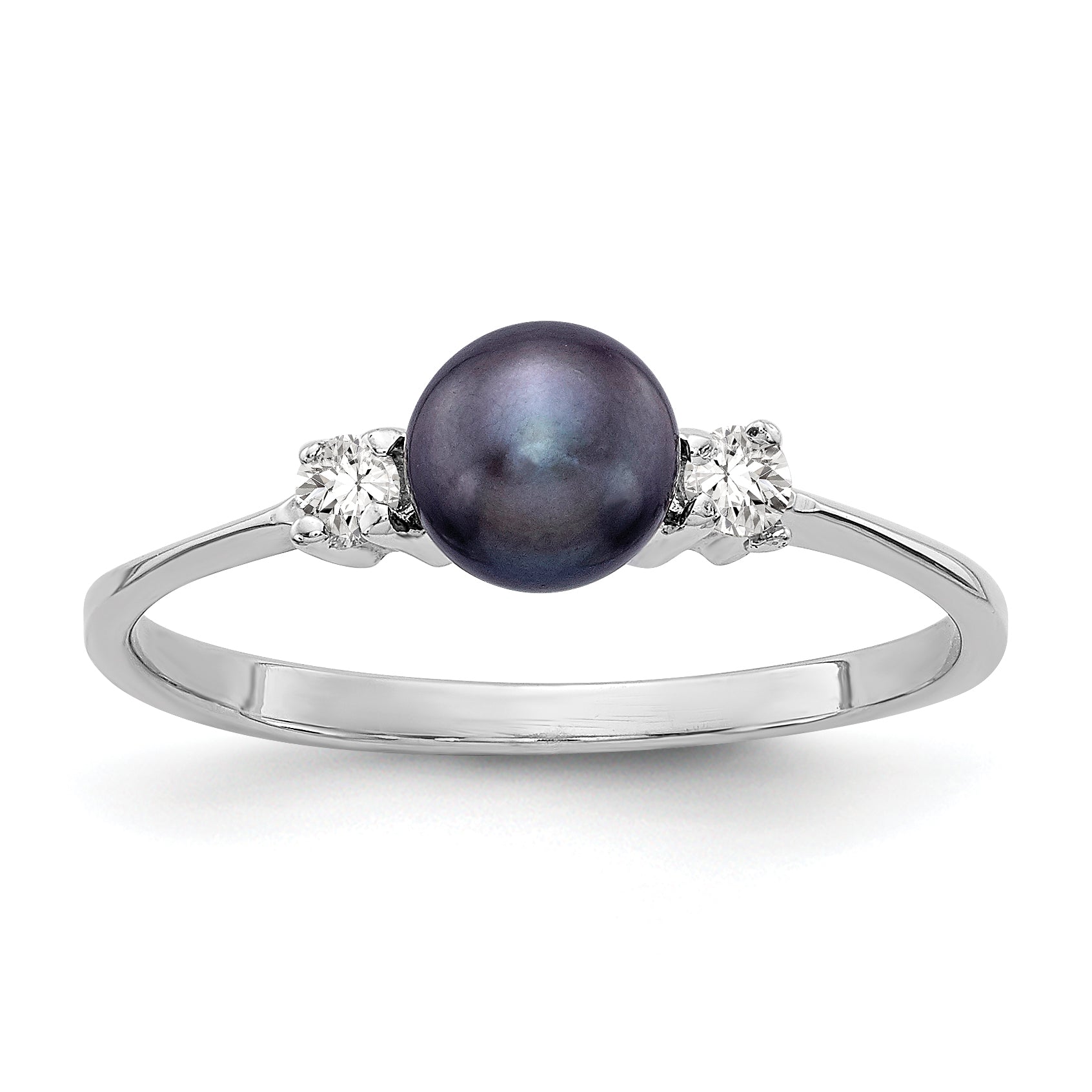 14K White Gold 5mm Black FW Cultured Pearl AA Diamond Ring Main image
