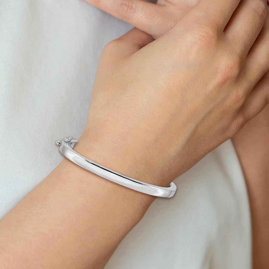 14K White Gold Polished Hinged Bangle Bracelet with Safety Clasp Elegant Women's Jewelry