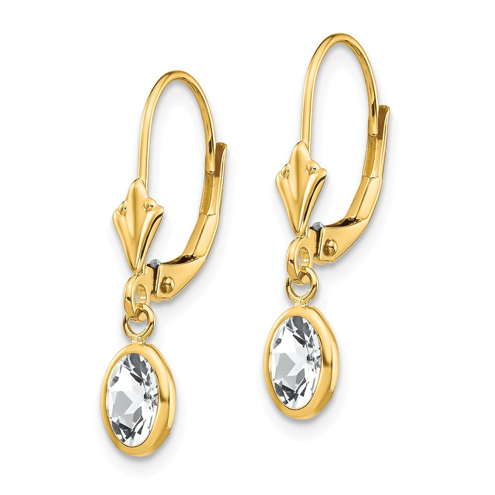 14K 6x4 Oval Bezel April/White Topaz Leverback Earrings