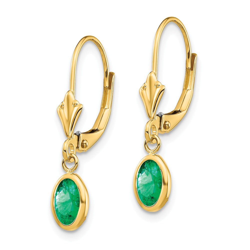 14K 6x4 Oval Bezel May/Emerald Leverback Earrings