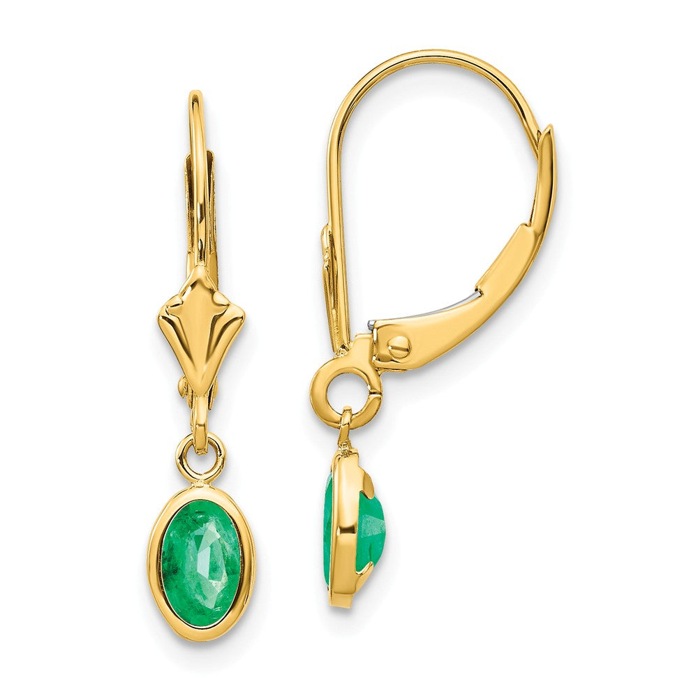 14K 6x4 Oval Bezel May/Emerald Leverback Earrings