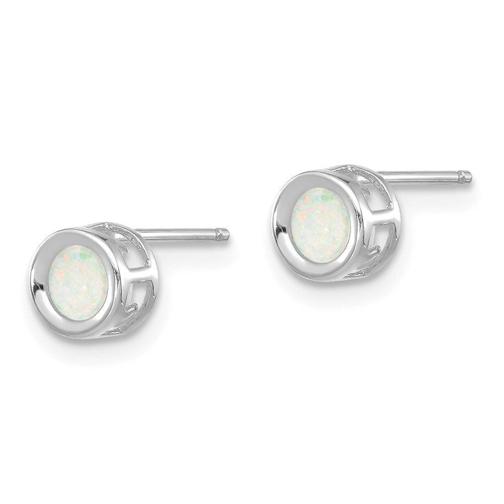 14K White Gold  4mm Oval Bezel October/Opal Post Earrings Secondary image