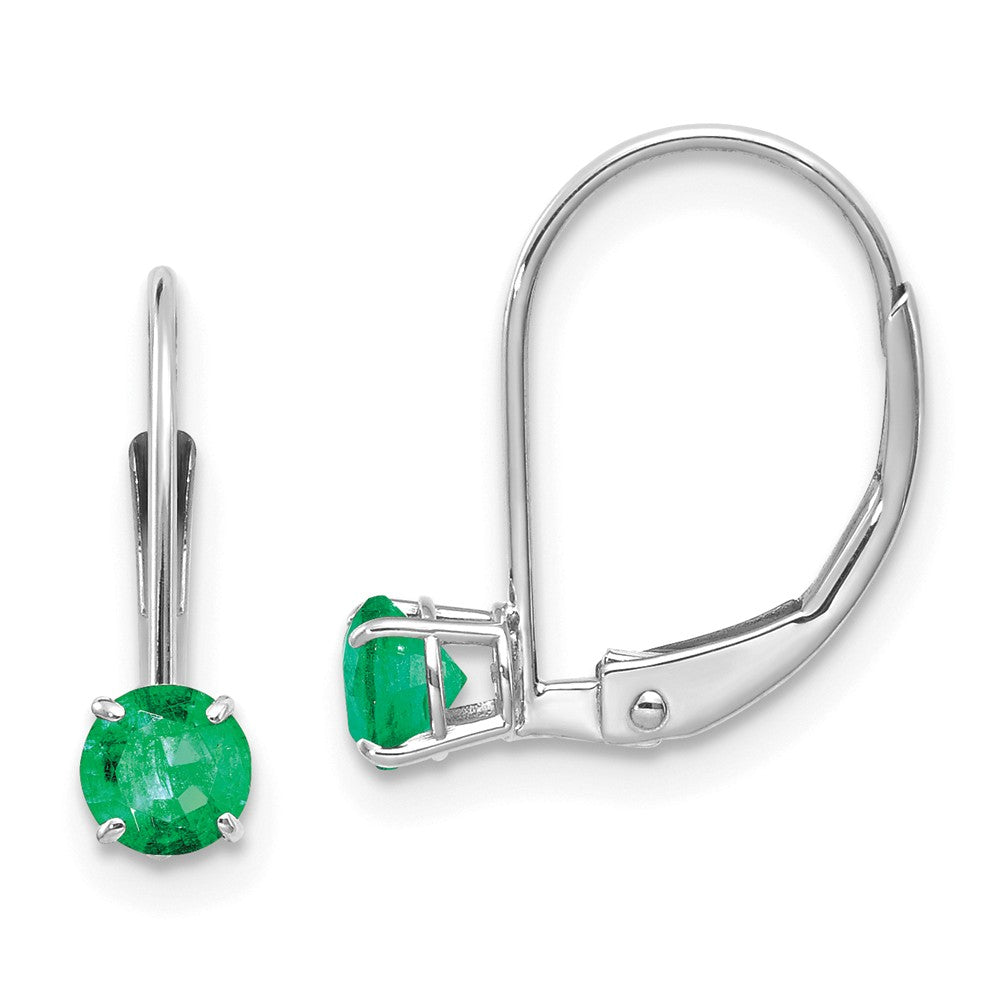 14K White Gold 4mm Round May/Emerald Leverback Earrings Main image