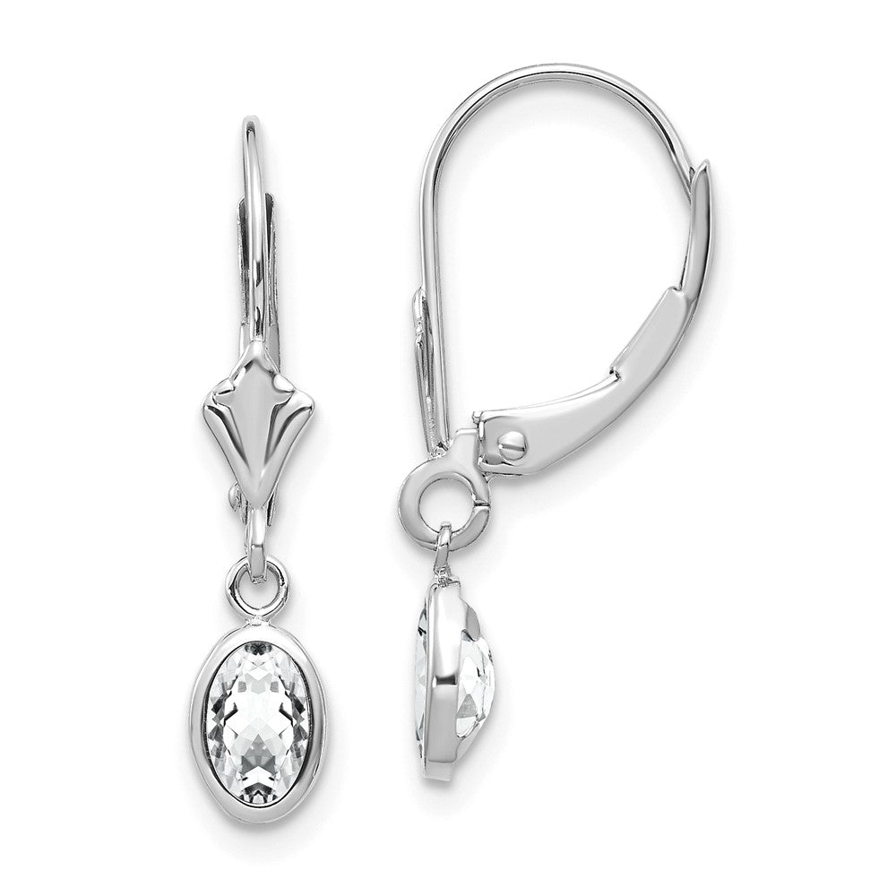 14K WG 6x4 Oval Bezel April/White Topaz Leverback Earrings
