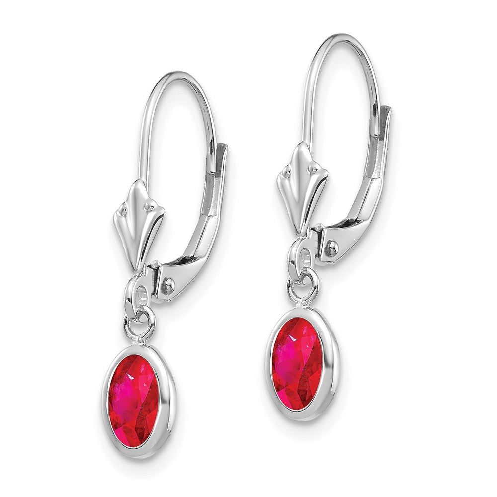 14K White Gold 6x4 Oval Bezel July/Ruby Leverback Earrings