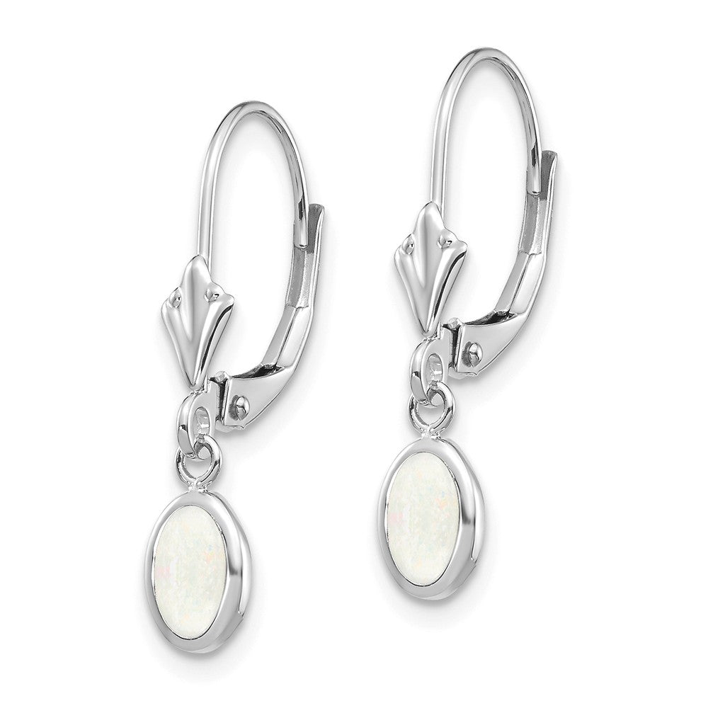 14K White Gold 6x4 Oval Bezel October/Opal Leverback Earrings Secondary image