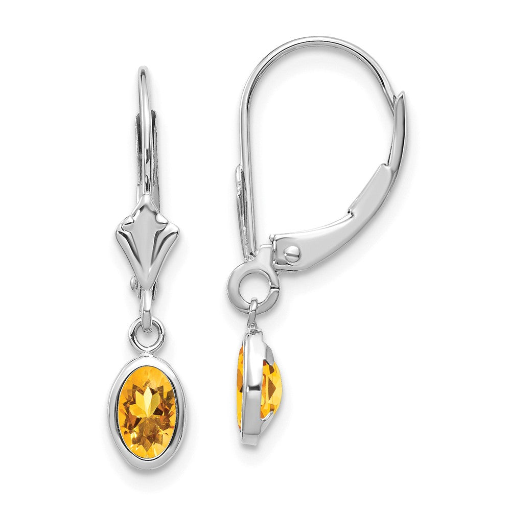 14K White Gold 6x4 Oval Bezel November/Citrine Leverback Earrings