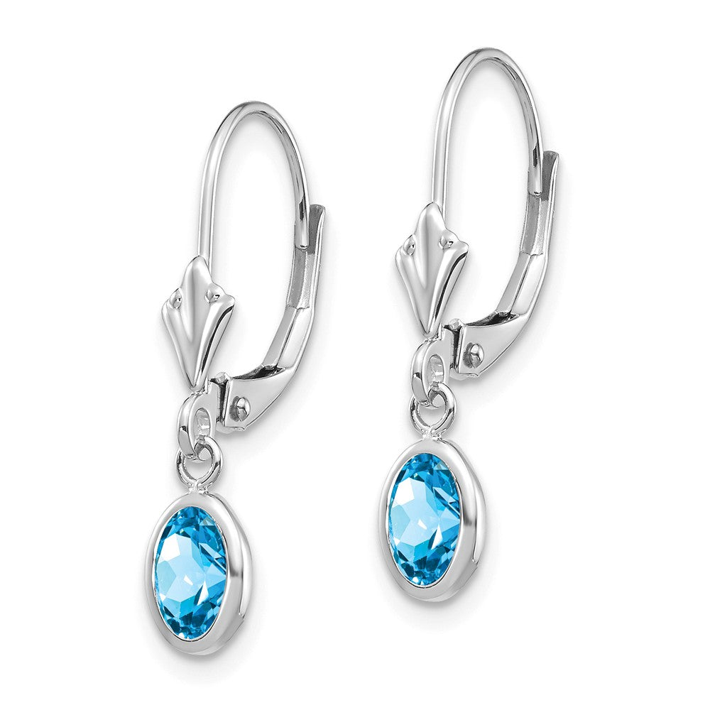 14K White Gold 6x4 Oval Bezel December/Blue Topaz Leverback Earrings