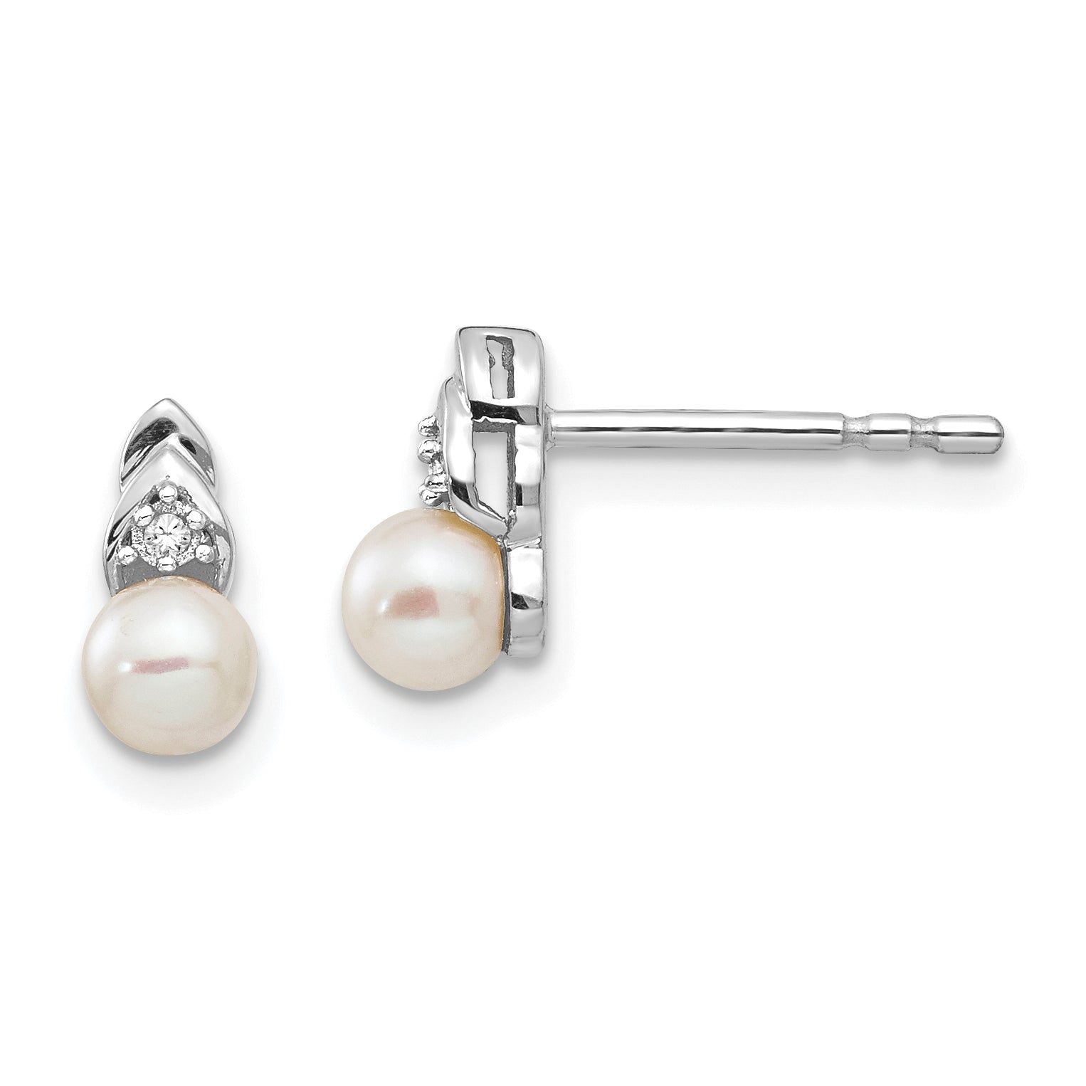 14k White Gold FW Cultured Pearl and Diamond Post Earrings Main image