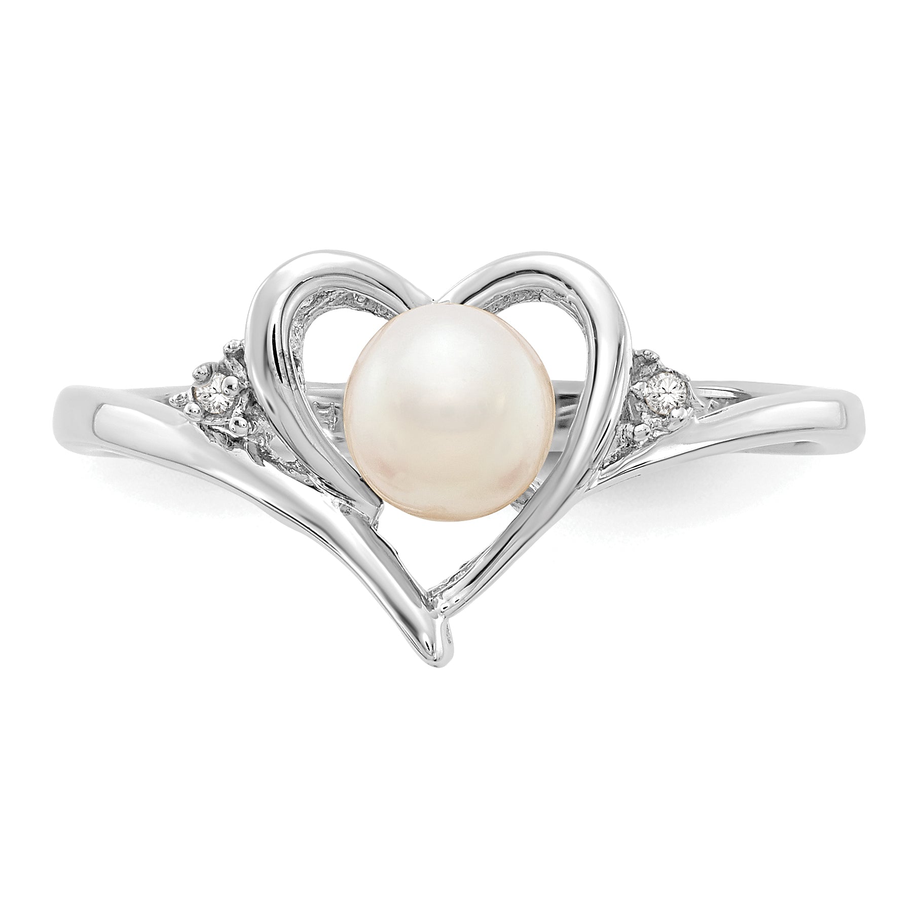 14k White Gold Fresh Water Cultured Pearl and Diamond Heart Ring