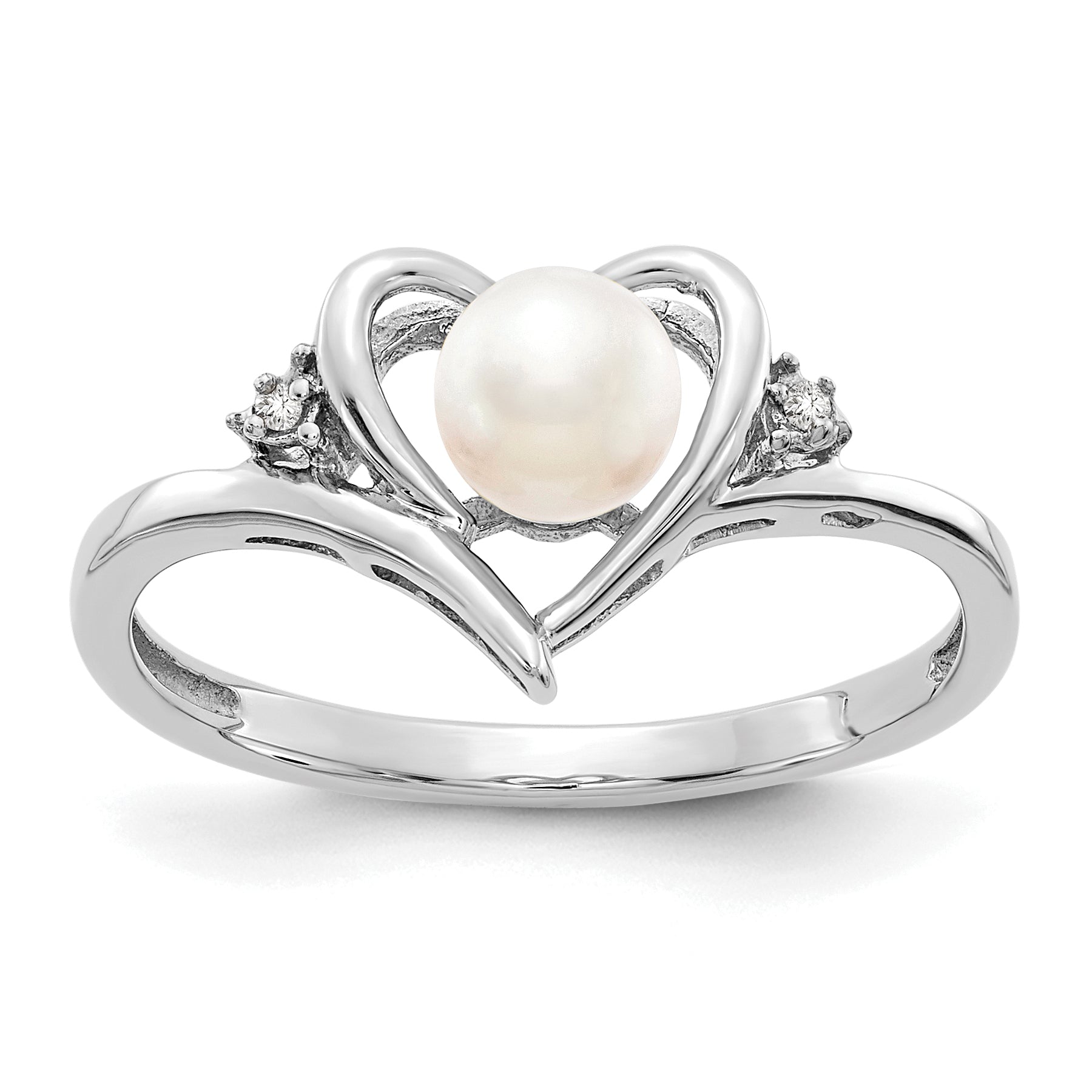 14k White Gold Fresh Water Cultured Pearl and Diamond Heart Ring