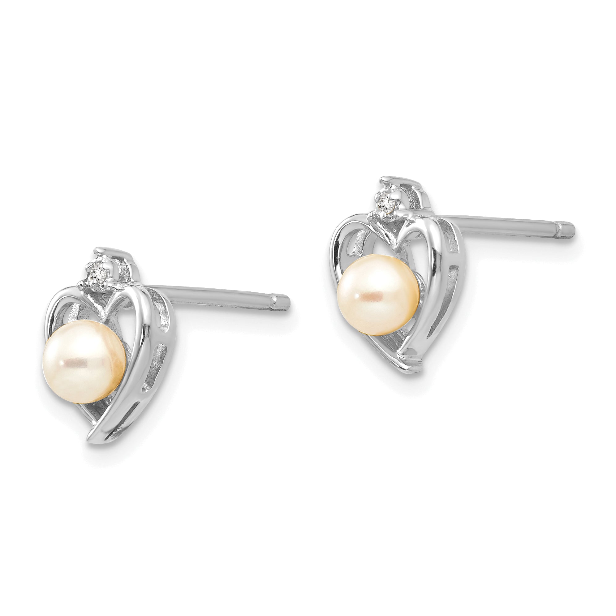 14k White Gold FWCultured Pearl and Diamond Heart Post Earrings Secondary image