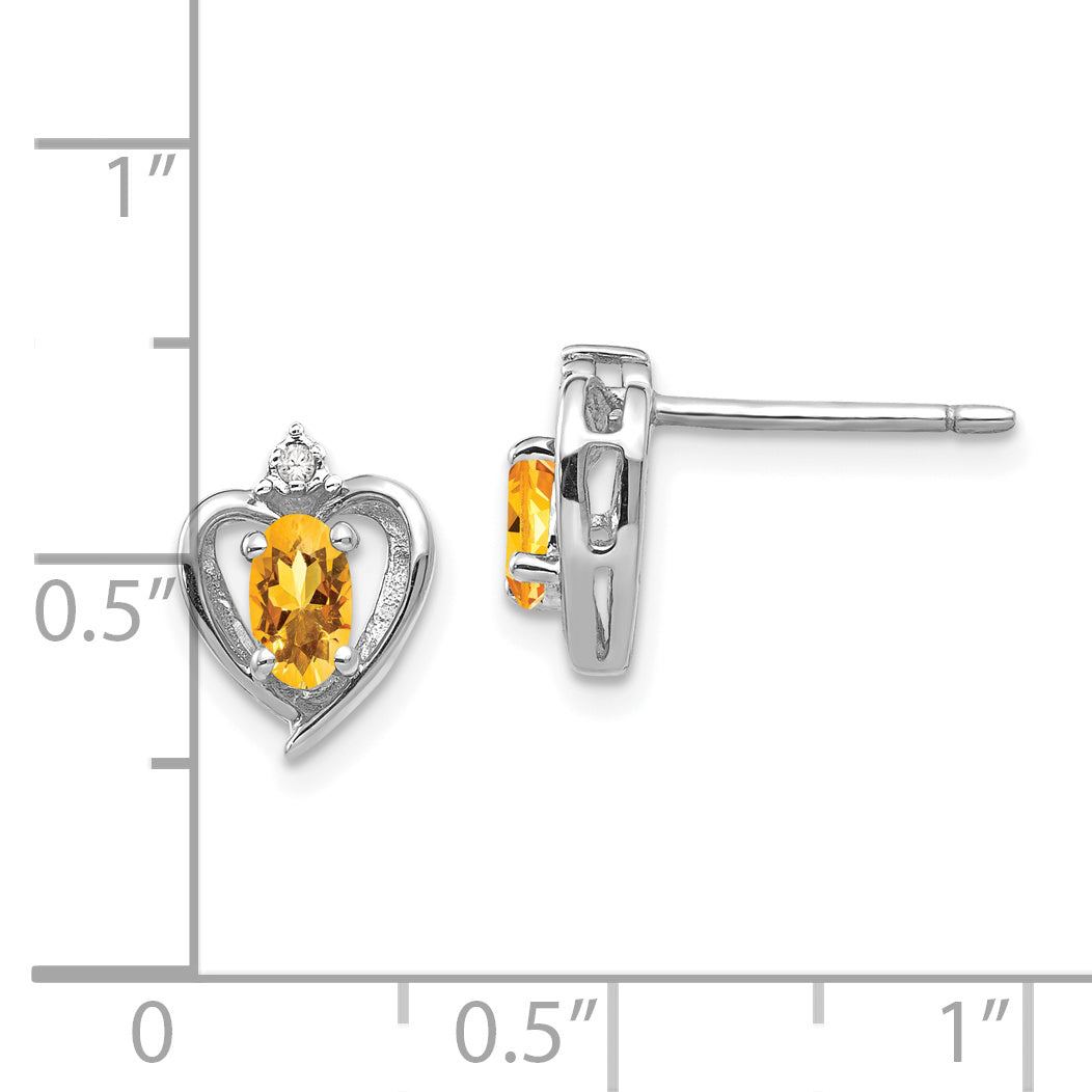 14k White Gold Citrine and Diamond Heart Post Earrings