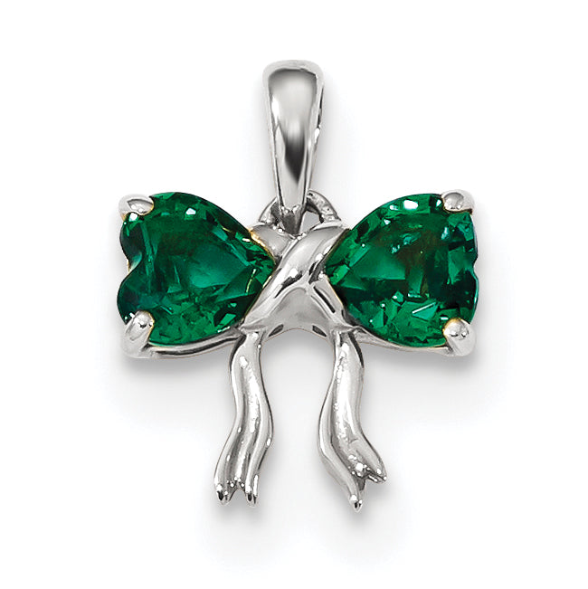 14K White Gold Polished Created Emerald Bow Pendant