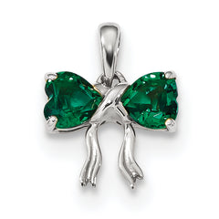 14K White Gold Polished Created Emerald Bow Pendant