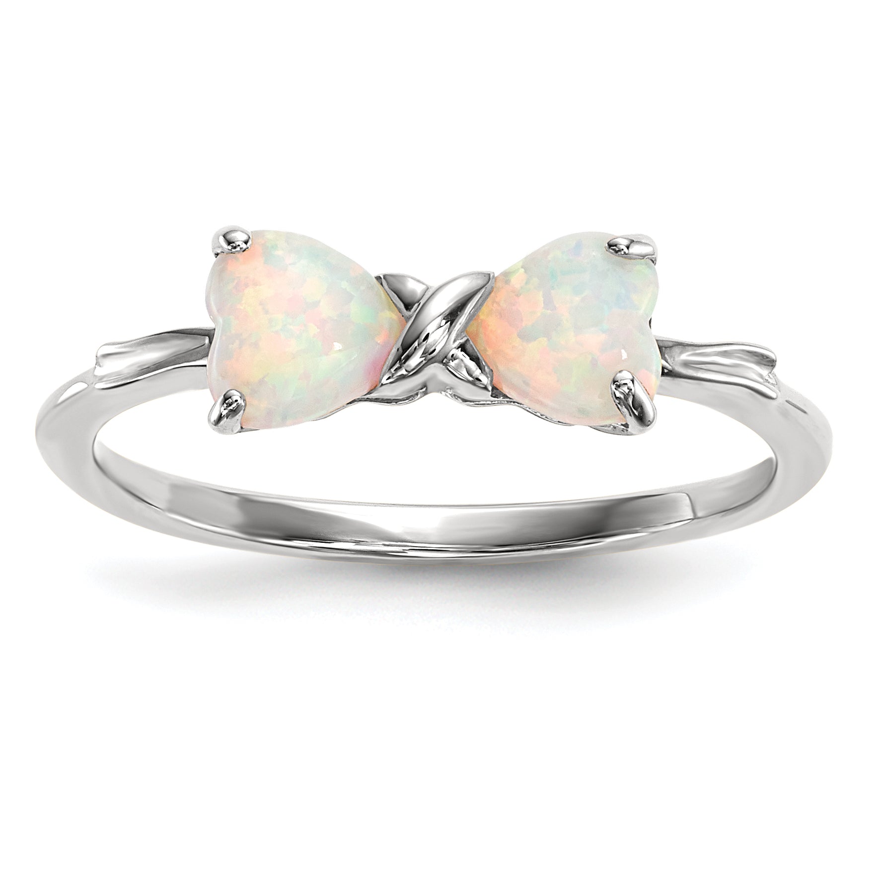 14k White Gold Polished Created Opal Bow Ring
