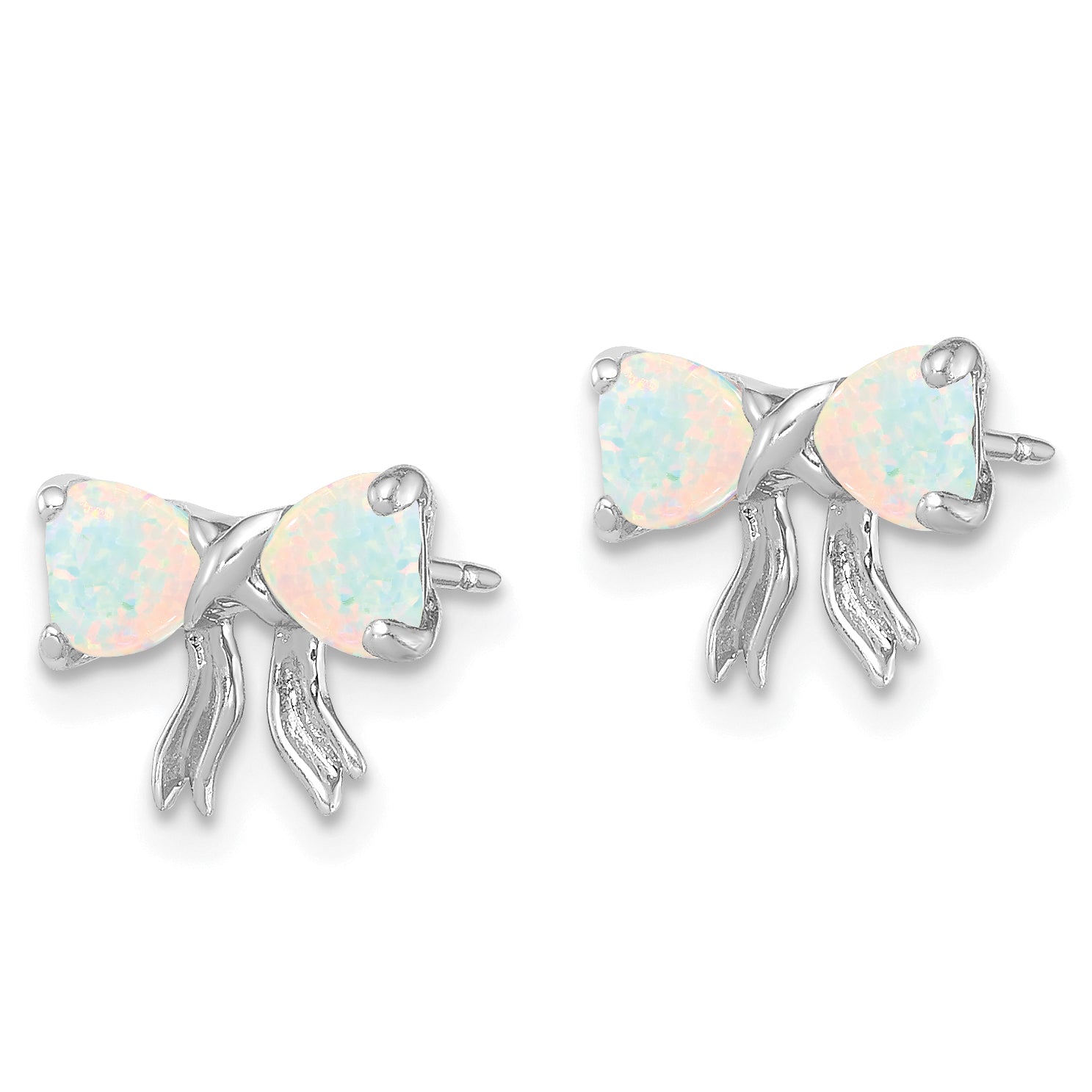 14k White Gold Polished Created Opal Bow Post Earrings
