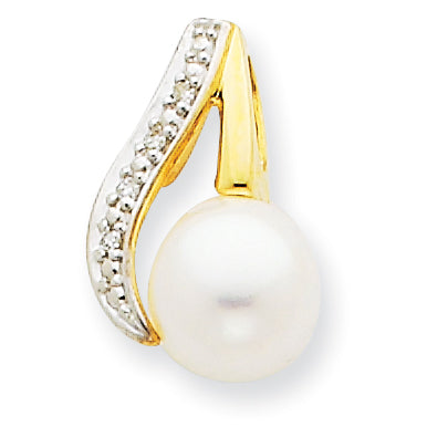 14K 7-8mm Button White FW Cultured Pearl and Rhodium Diamond Pendant