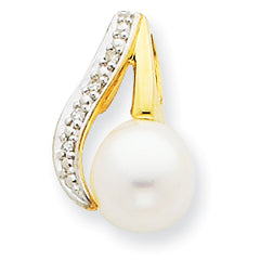 14K 7-8mm Button White FW Cultured Pearl and Rhodium Diamond Pendant