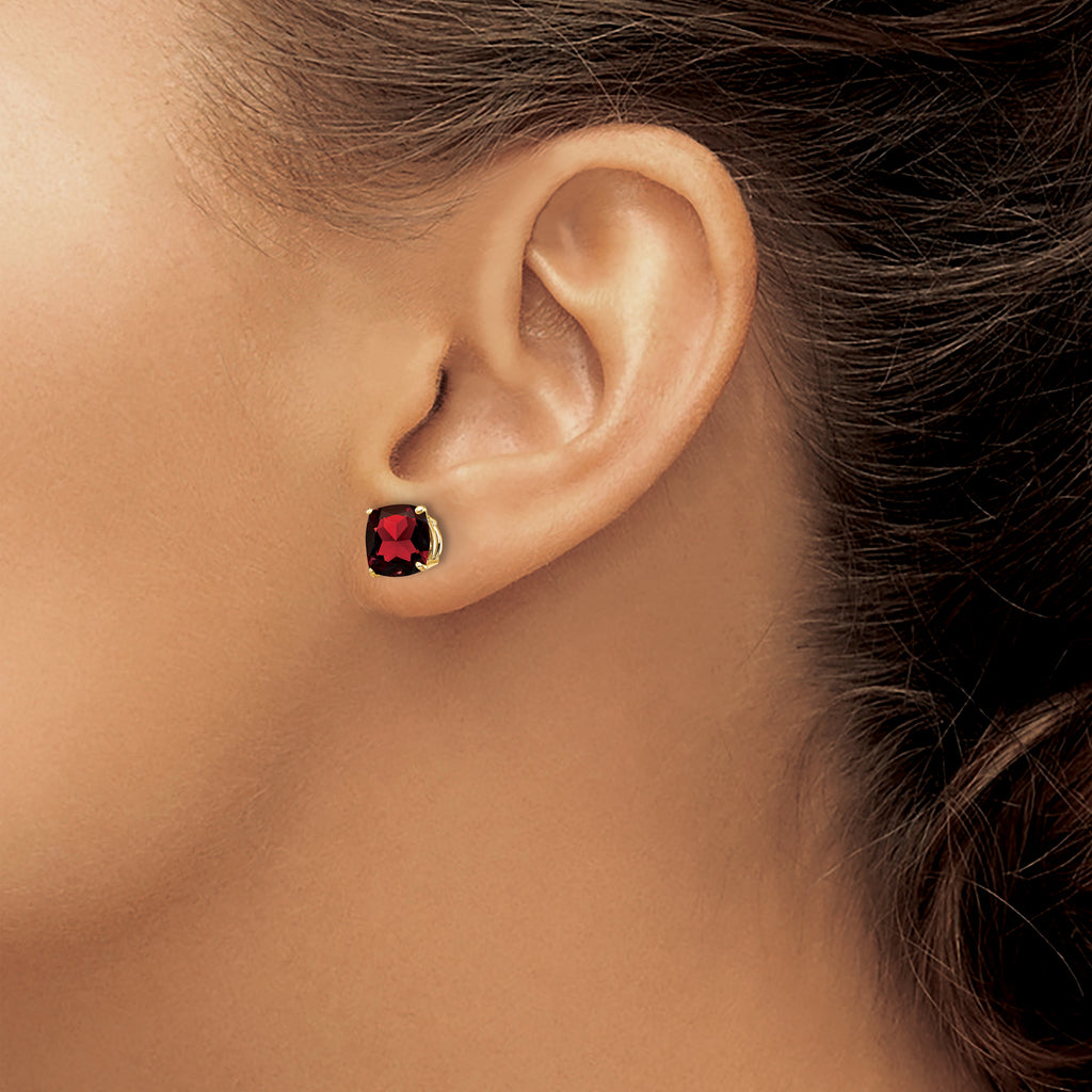14k 7x7mm Cushion Garnet Checker Earring