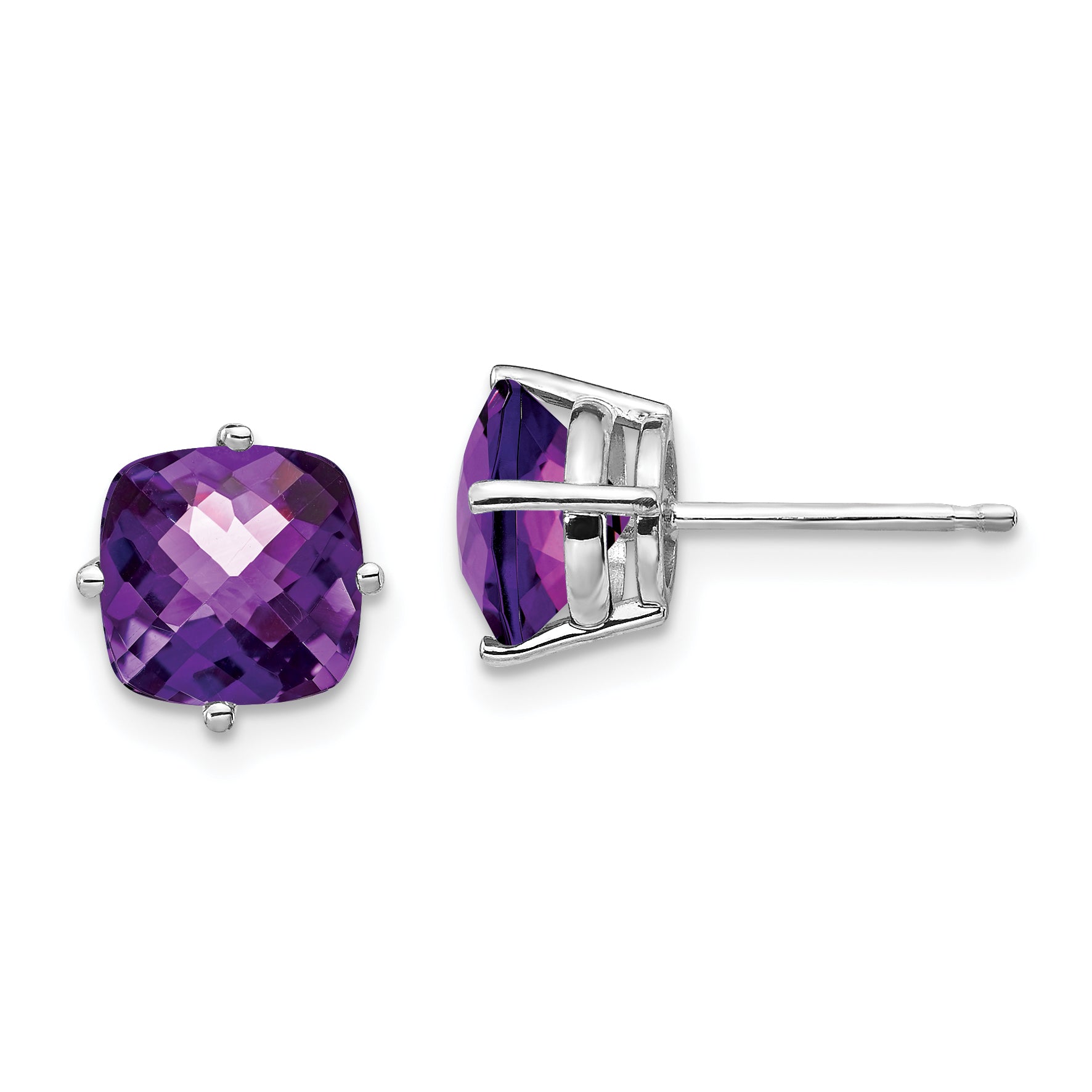 14k White Gold 7x7mm Cushion Amethyst Checker Earring Main image