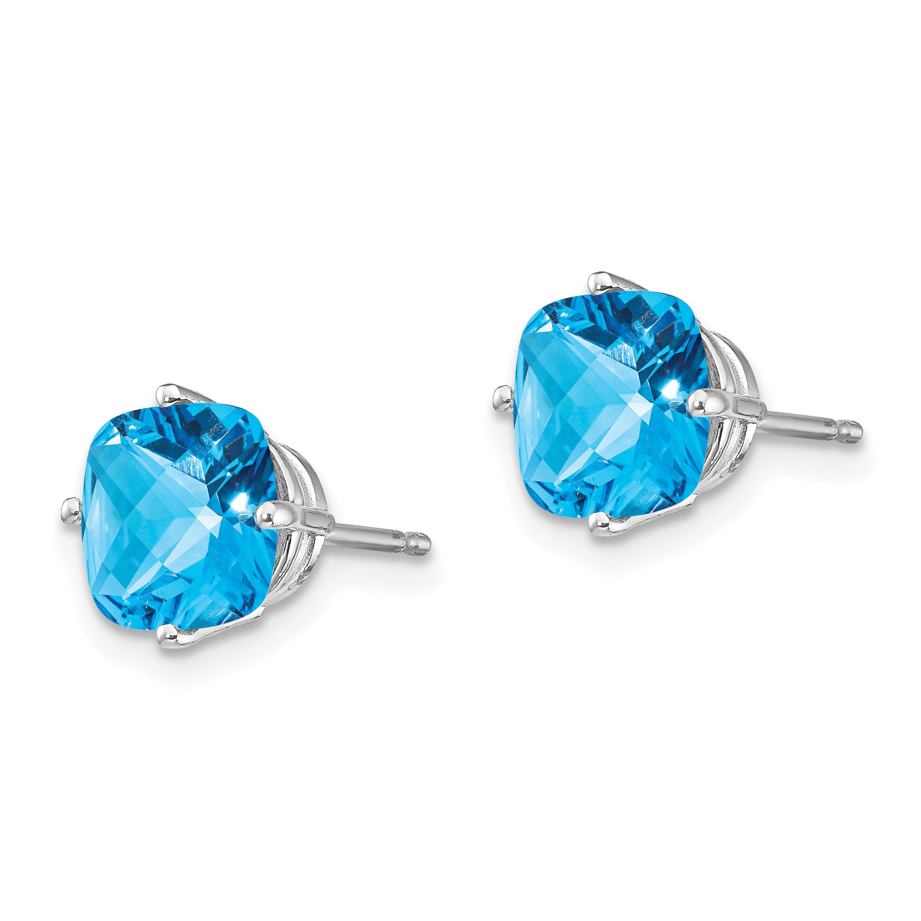 14k White Gold 7x7mm Cushion Blue Topaz Checker Earring